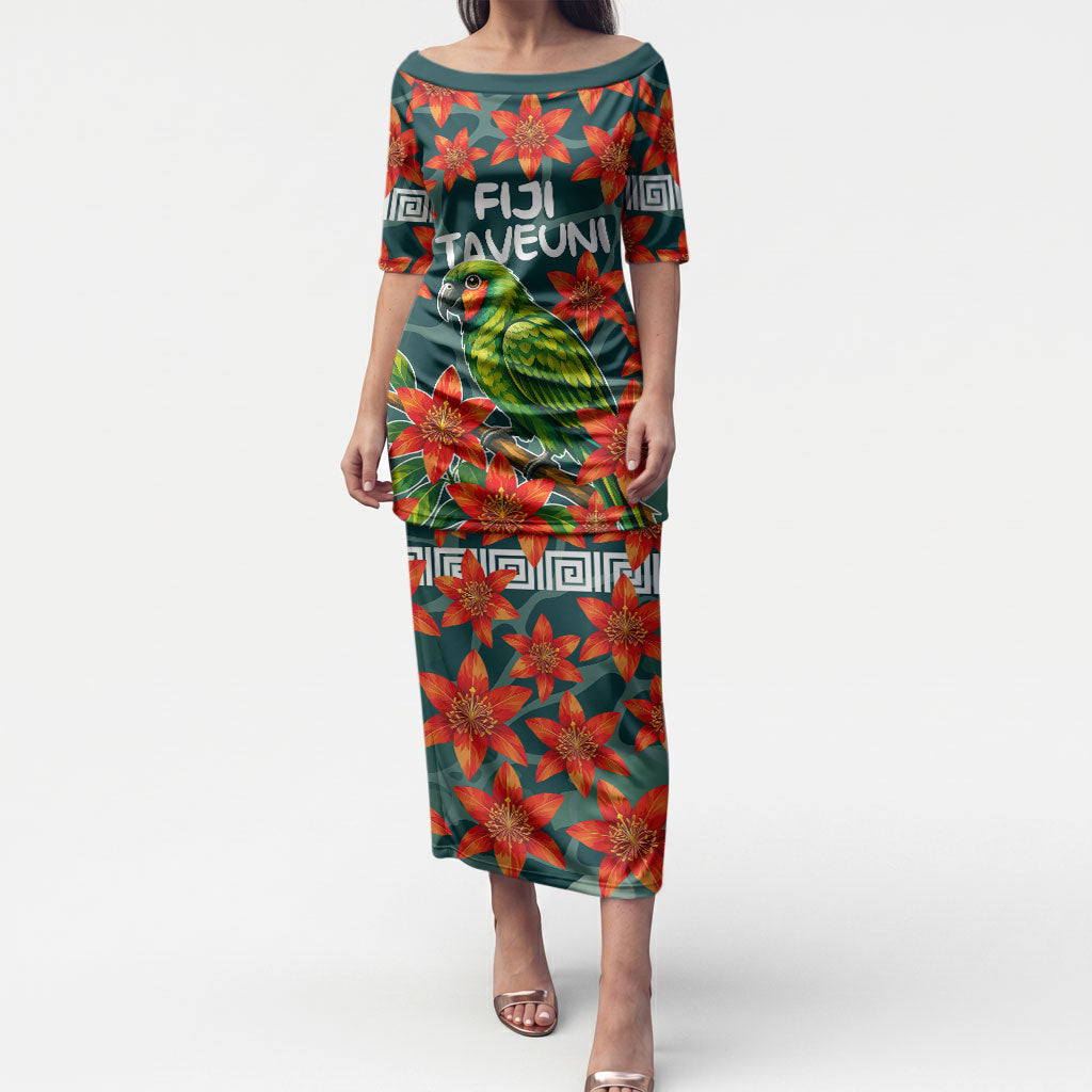 Fiji Taveuni Parrot Puletasi Tropical Waterfall Landscape With Floral Tribal Pattern TS04 Long Dress Green Orange - Polynesian Pride
