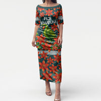 Fiji Taveuni Parrot Puletasi Tropical Waterfall Landscape With Floral Tribal Pattern TS04 Long Dress Green Orange - Polynesian Pride