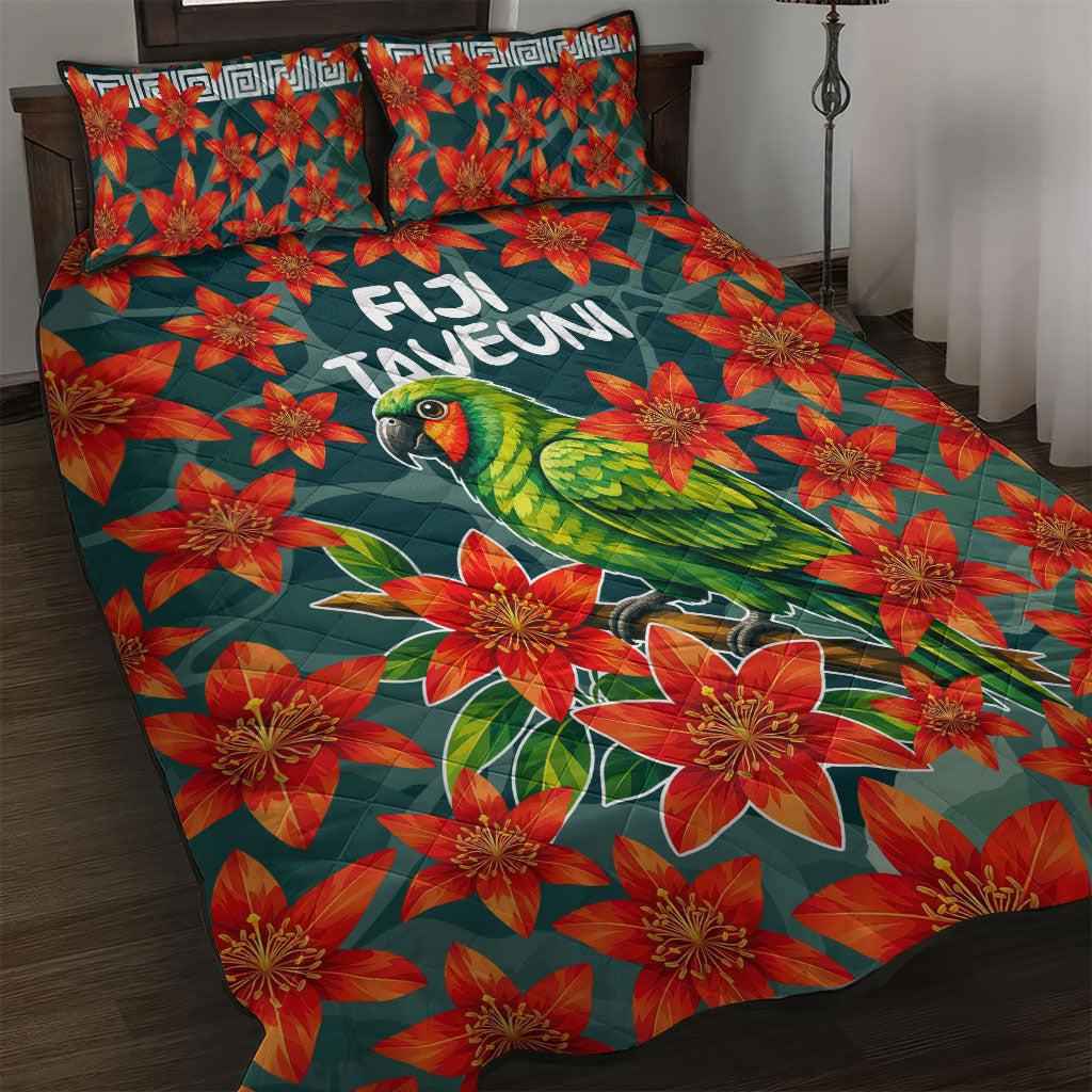 Fiji Taveuni Parrot Quilt Bed Set Tropical Waterfall Landscape With Floral Tribal Pattern TS04 Green Orange - Polynesian Pride