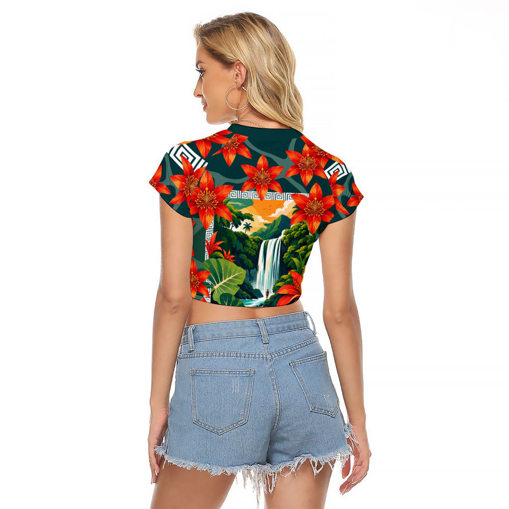 Fiji Taveuni Parrot Raglan Cropped T Shirt Tropical Waterfall Landscape With Floral Tribal Pattern TS04 - Polynesian Pride