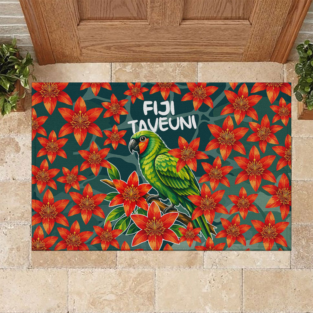 Fiji Taveuni Parrot Rubber Doormat Tropical Waterfall Landscape With Floral Tribal Pattern TS04 Green Orange - Polynesian Pride