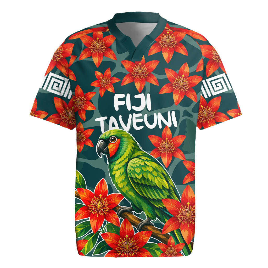 Fiji Taveuni Parrot Rugby Jersey Tropical Waterfall Landscape With Floral Tribal Pattern TS04 Green Orange - Polynesian Pride