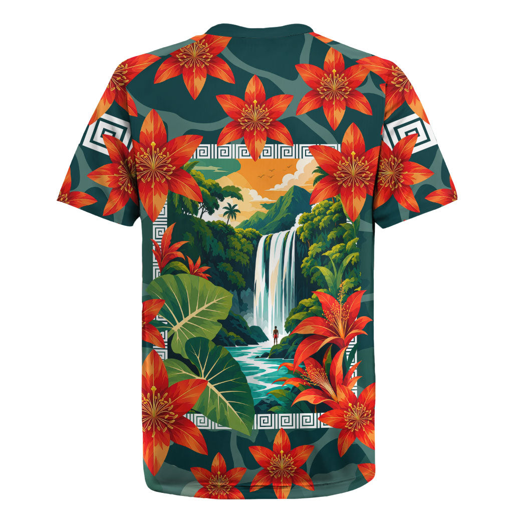 Fiji Taveuni Parrot Rugby Jersey Tropical Waterfall Landscape With Floral Tribal Pattern TS04 - Polynesian Pride