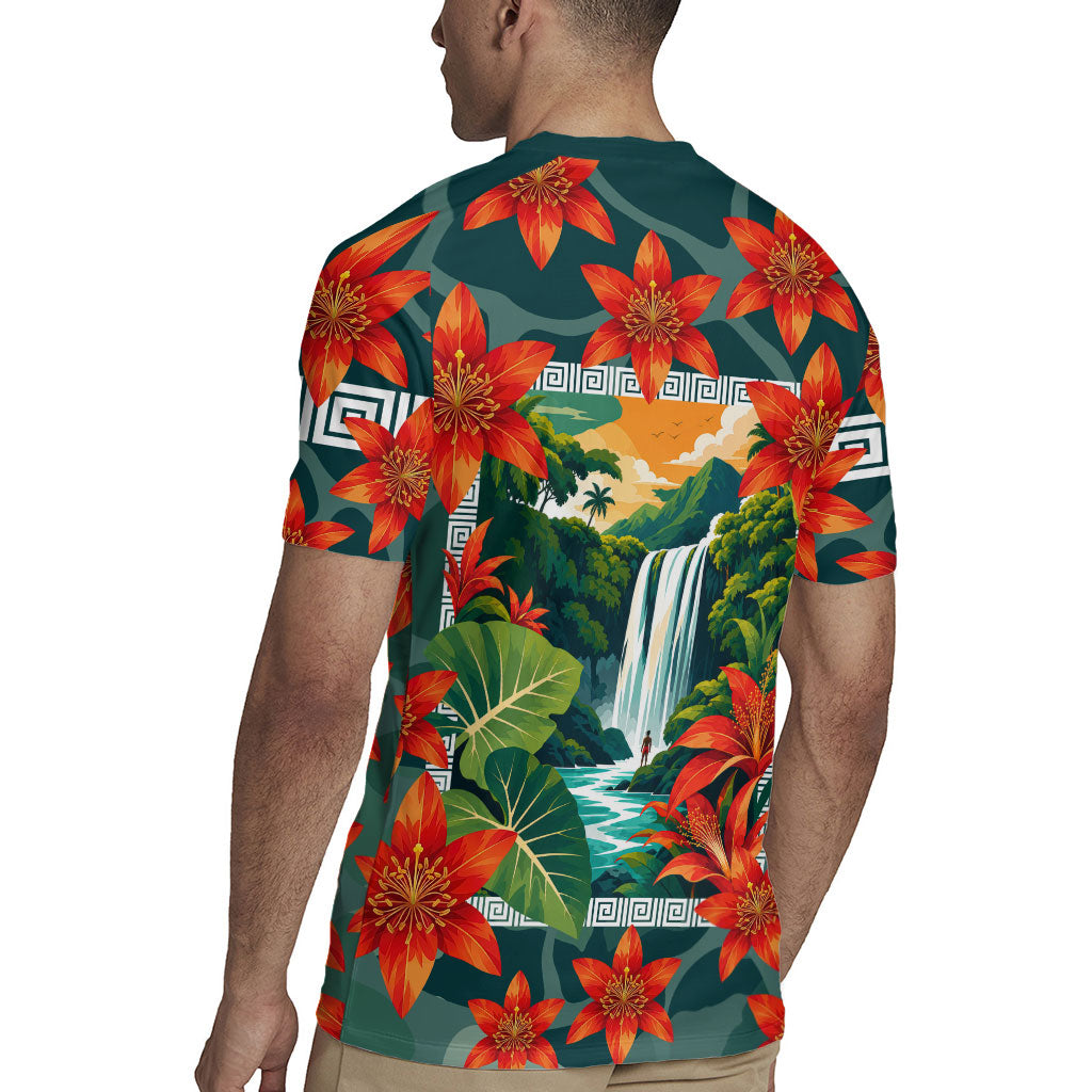 Fiji Taveuni Parrot Rugby Jersey Tropical Waterfall Landscape With Floral Tribal Pattern TS04 - Polynesian Pride