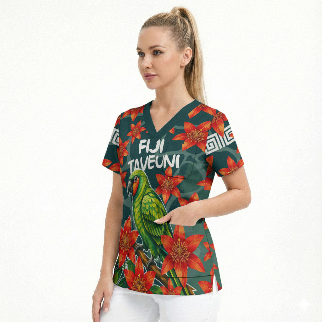 Fiji Taveuni Parrot Scrub Top Tropical Waterfall Landscape With Floral Tribal Pattern TS04 - Polynesian Pride