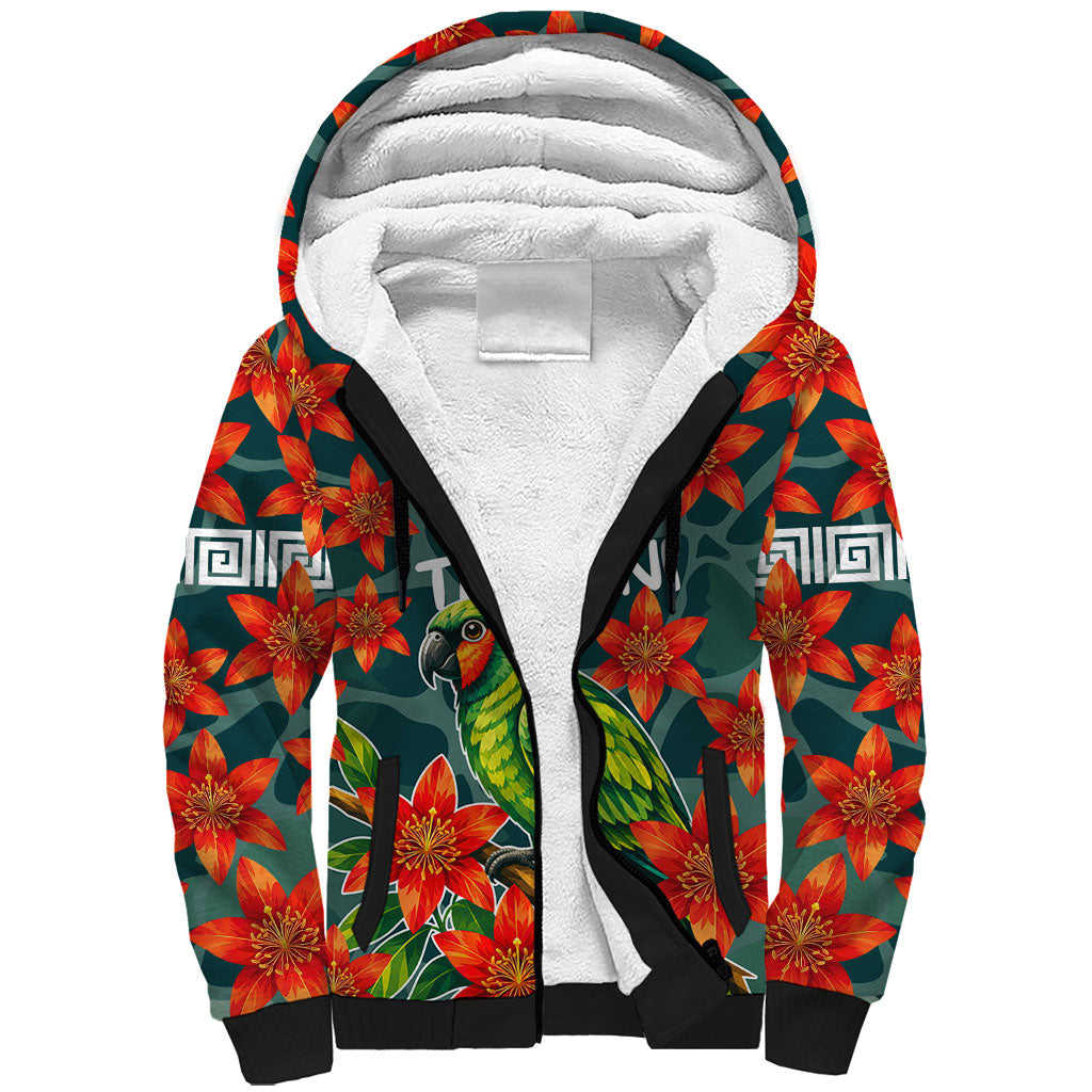 Fiji Taveuni Parrot Sherpa Hoodie Tropical Waterfall Landscape With Floral Tribal Pattern TS04 Unisex Green Orange - Polynesian Pride
