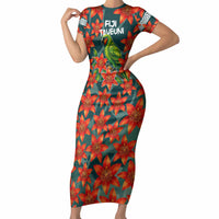 Fiji Taveuni Parrot Short Sleeve Bodycon Dress Tropical Waterfall Landscape With Floral Tribal Pattern TS04 Long Dress Green Orange - Polynesian Pride