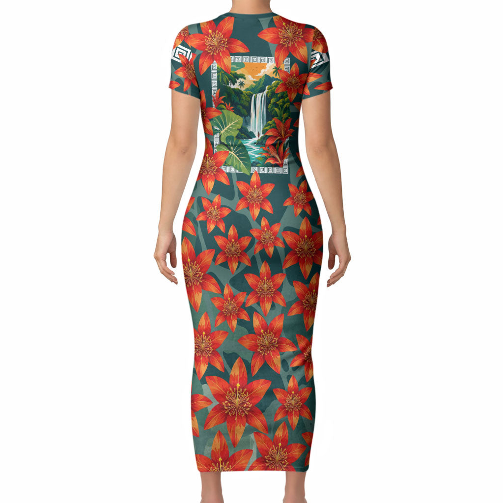 Fiji Taveuni Parrot Short Sleeve Bodycon Dress Tropical Waterfall Landscape With Floral Tribal Pattern TS04 - Polynesian Pride