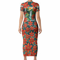 Fiji Taveuni Parrot Short Sleeve Bodycon Dress Tropical Waterfall Landscape With Floral Tribal Pattern TS04 - Polynesian Pride