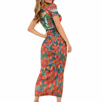 Fiji Taveuni Parrot Short Sleeve Bodycon Dress Tropical Waterfall Landscape With Floral Tribal Pattern TS04 - Polynesian Pride