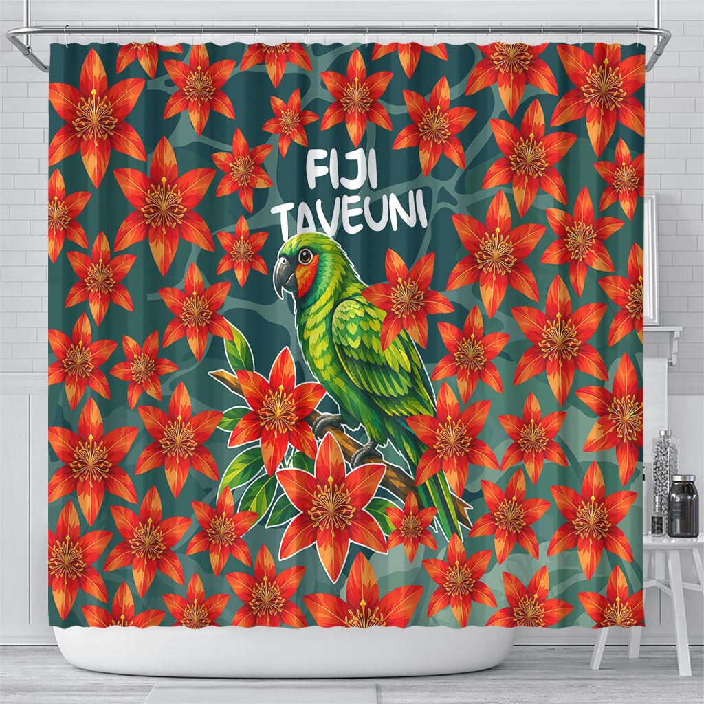 Fiji Taveuni Parrot Shower Curtain Tropical Waterfall Landscape With Floral Tribal Pattern TS04 - Polynesian Pride