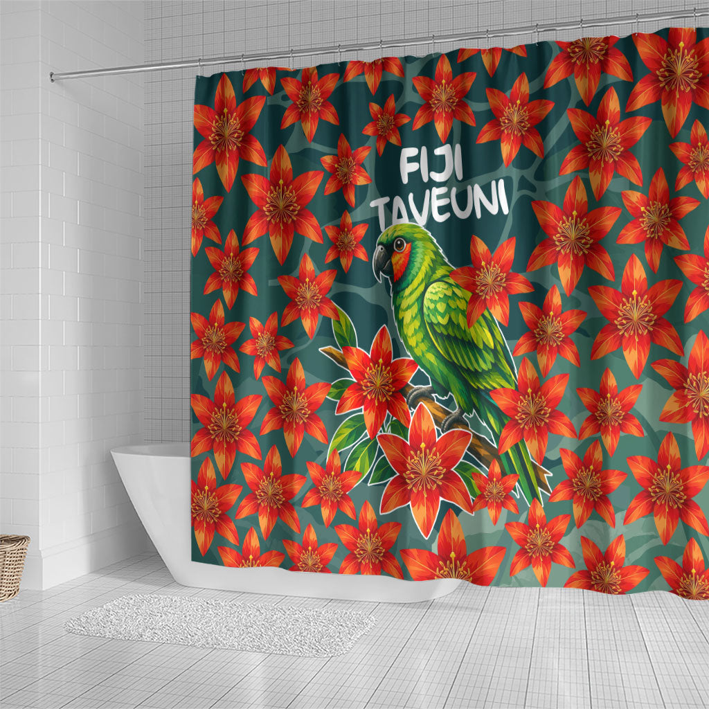 Fiji Taveuni Parrot Shower Curtain Tropical Waterfall Landscape With Floral Tribal Pattern TS04 - Polynesian Pride