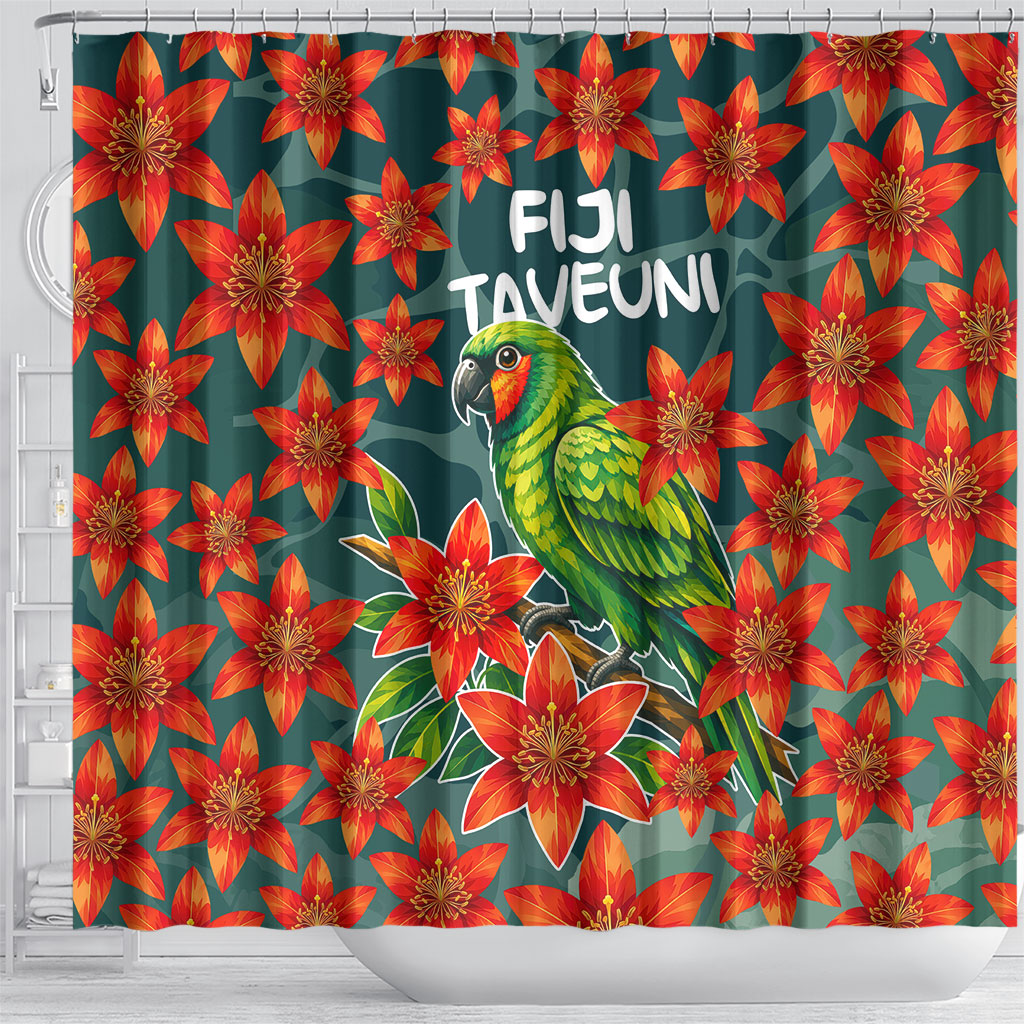 Fiji Taveuni Parrot Shower Curtain Tropical Waterfall Landscape With Floral Tribal Pattern TS04 - Polynesian Pride