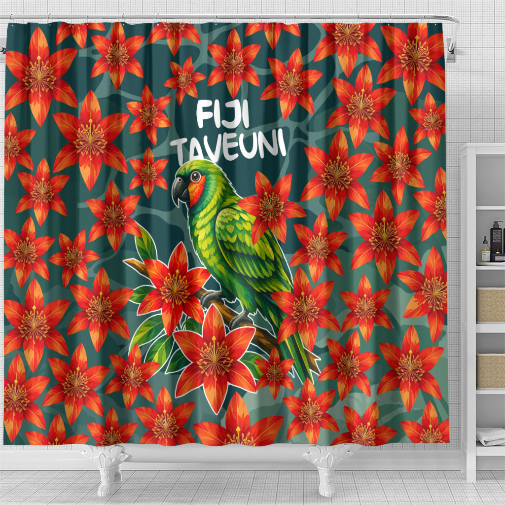 Fiji Taveuni Parrot Shower Curtain Tropical Waterfall Landscape With Floral Tribal Pattern TS04 - Polynesian Pride