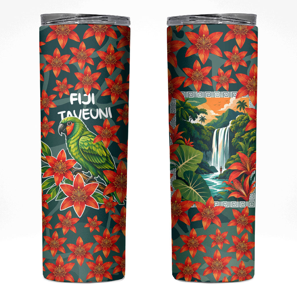 Fiji Taveuni Parrot Skinny Tumbler Tropical Waterfall Landscape With Floral Tribal Pattern TS04 Green Orange - Polynesian Pride