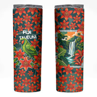Fiji Taveuni Parrot Skinny Tumbler Tropical Waterfall Landscape With Floral Tribal Pattern TS04 Green Orange - Polynesian Pride