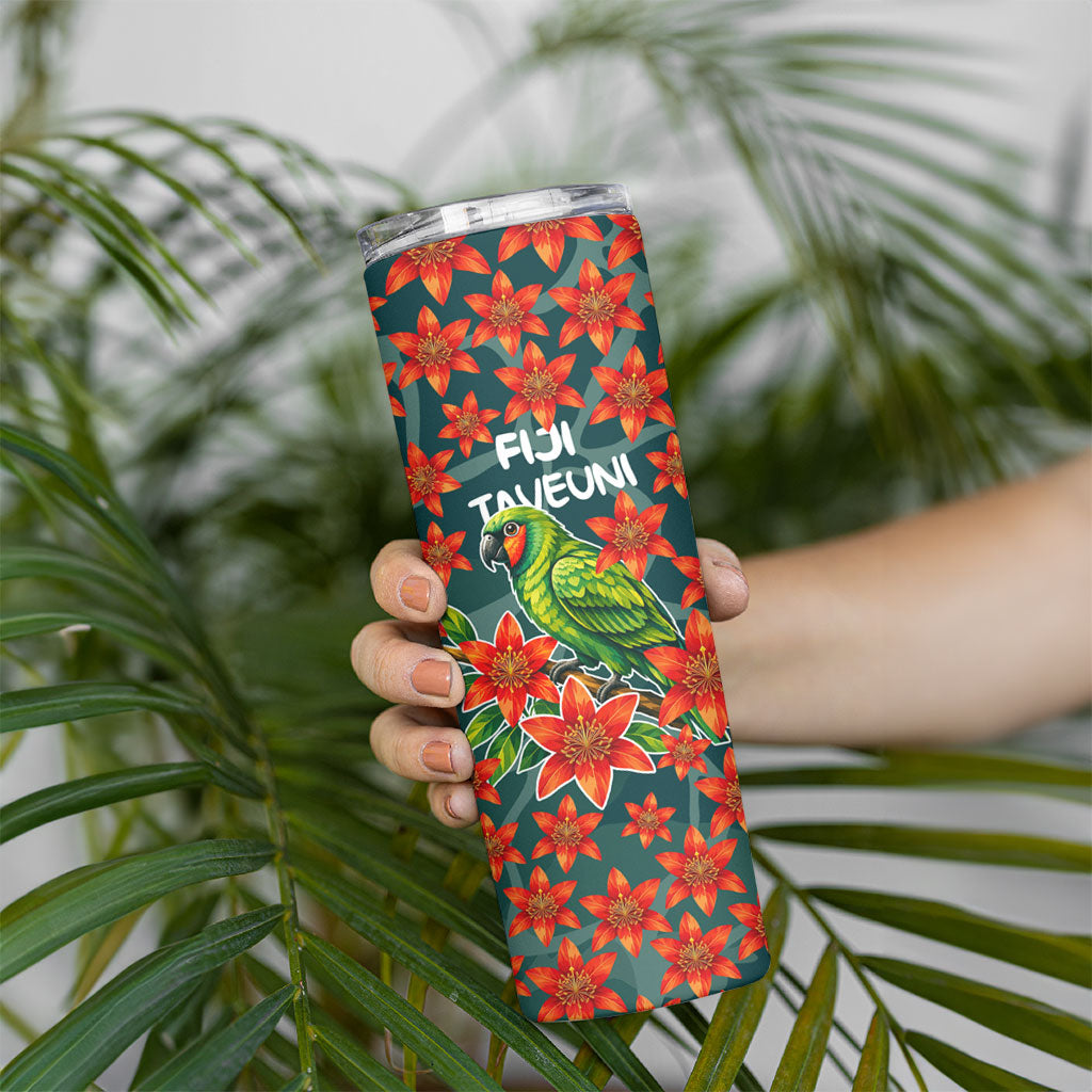 Fiji Taveuni Parrot Skinny Tumbler Tropical Waterfall Landscape With Floral Tribal Pattern TS04 - Polynesian Pride