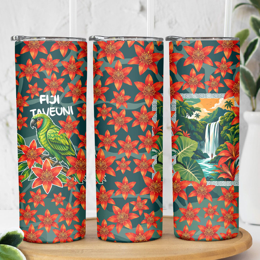 Fiji Taveuni Parrot Skinny Tumbler Tropical Waterfall Landscape With Floral Tribal Pattern TS04 - Polynesian Pride