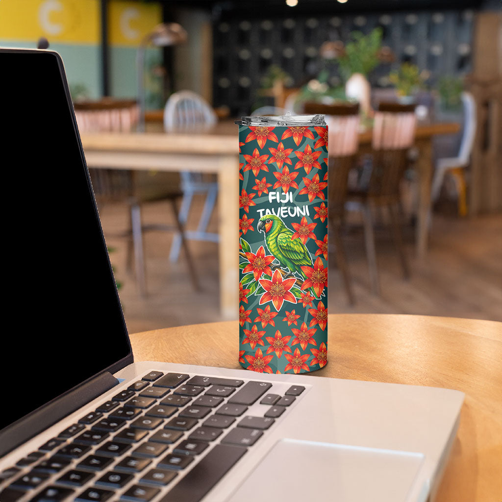 Fiji Taveuni Parrot Skinny Tumbler Tropical Waterfall Landscape With Floral Tribal Pattern TS04 - Polynesian Pride
