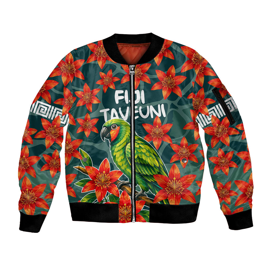 Fiji Taveuni Parrot Sleeve Zip Bomber Jacket Tropical Waterfall Landscape With Floral Tribal Pattern TS04 Unisex Green Orange - Polynesian Pride