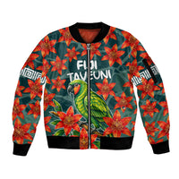 Fiji Taveuni Parrot Sleeve Zip Bomber Jacket Tropical Waterfall Landscape With Floral Tribal Pattern TS04 Unisex Green Orange - Polynesian Pride