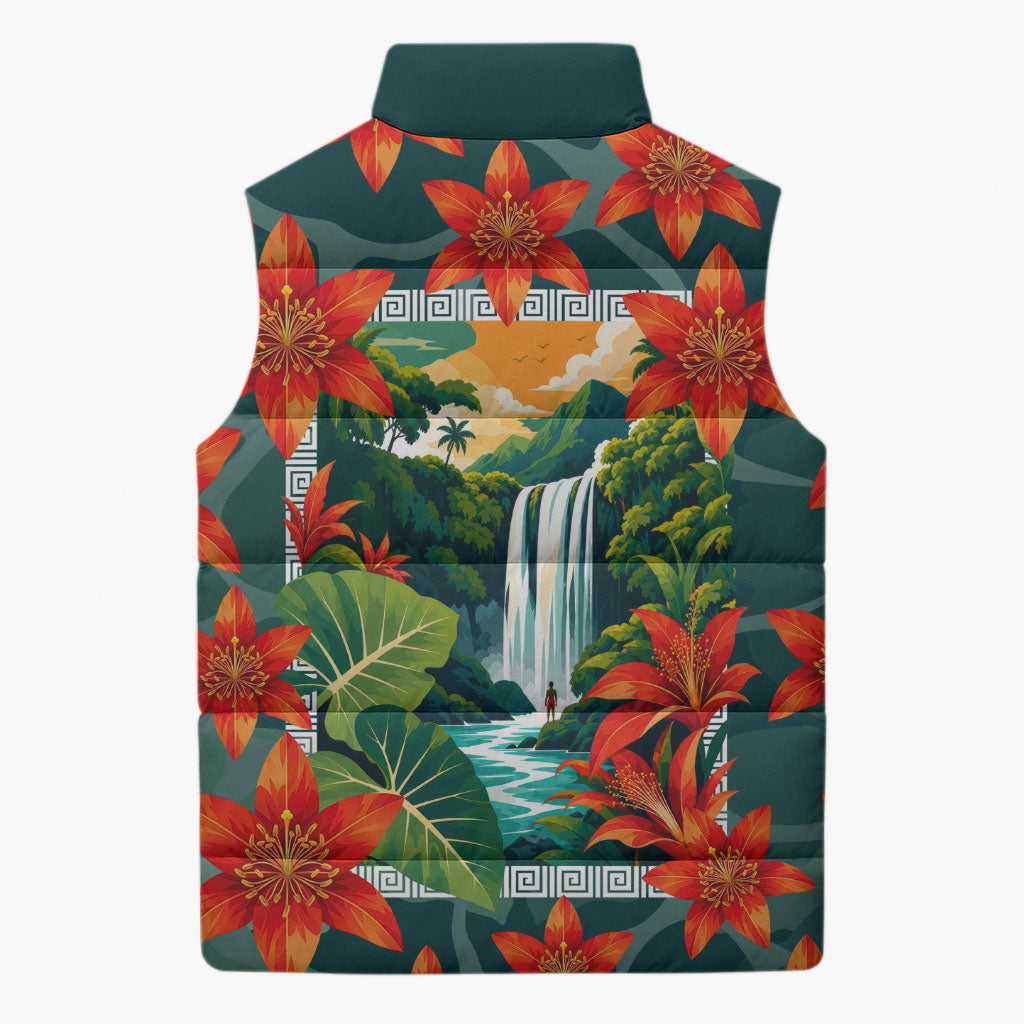 Fiji Taveuni Parrot Sleeveless Puffer Jacket Tropical Waterfall Landscape With Floral Tribal Pattern TS04 - Polynesian Pride