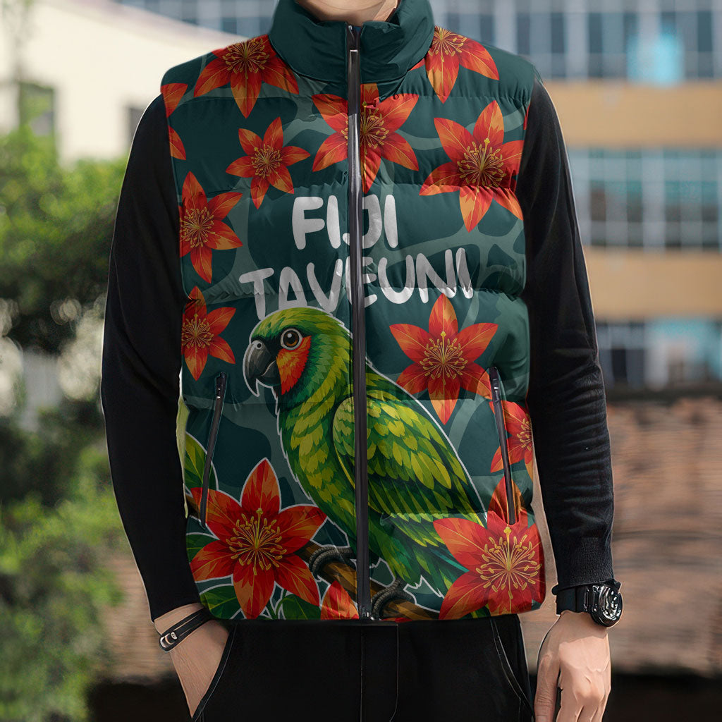 Fiji Taveuni Parrot Sleeveless Puffer Jacket Tropical Waterfall Landscape With Floral Tribal Pattern TS04 - Polynesian Pride