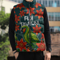Fiji Taveuni Parrot Sleeveless Puffer Jacket Tropical Waterfall Landscape With Floral Tribal Pattern TS04 - Polynesian Pride