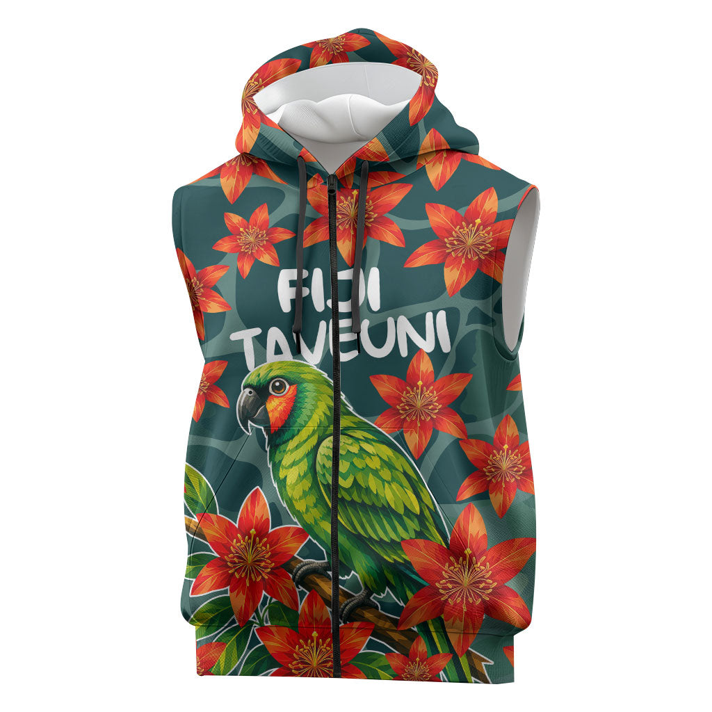 Fiji Taveuni Parrot Sleeveless Zip Hoodie Tropical Waterfall Landscape With Floral Tribal Pattern TS04 Green Orange - Polynesian Pride