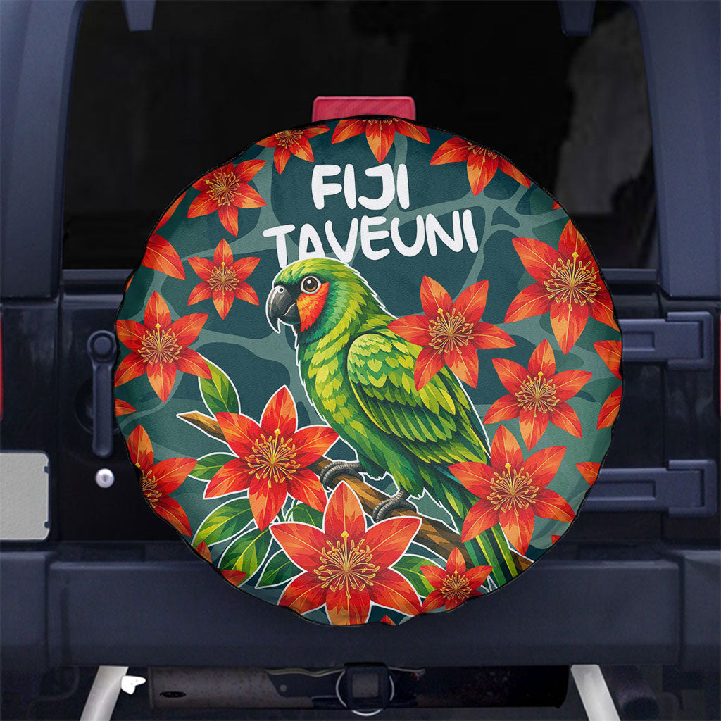 Fiji Taveuni Parrot Spare Tire Cover Tropical Waterfall Landscape With Floral Tribal Pattern TS04 No hole Green Orange - Polynesian Pride