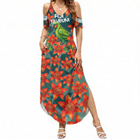 Fiji Taveuni Parrot Summer Maxi Dress Tropical Waterfall Landscape With Floral Tribal Pattern TS04 Women Green Orange - Polynesian Pride