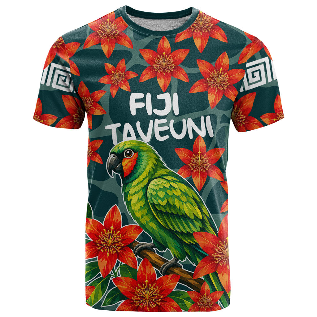 Fiji Taveuni Parrot T Shirt Tropical Waterfall Landscape With Floral Tribal Pattern TS04 Green Orange - Polynesian Pride