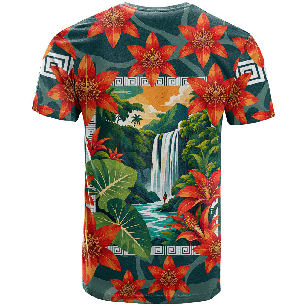 Fiji Taveuni Parrot T Shirt Tropical Waterfall Landscape With Floral Tribal Pattern TS04 - Polynesian Pride