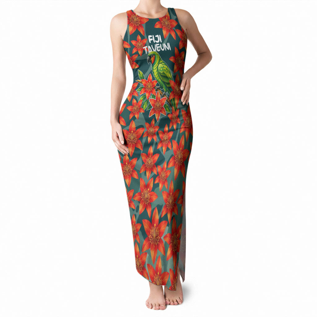 Fiji Taveuni Parrot Tank Maxi Dress Tropical Waterfall Landscape With Floral Tribal Pattern TS04 Women Green Orange - Polynesian Pride