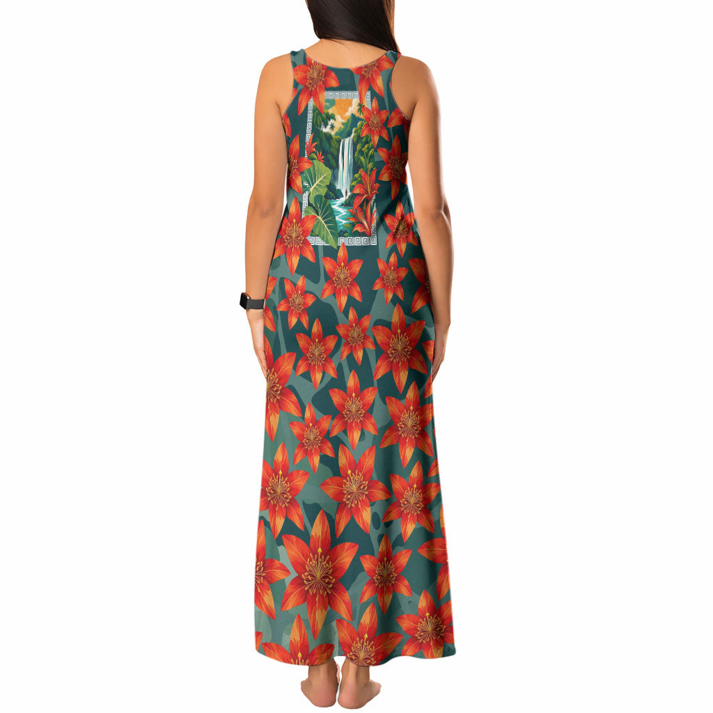 Fiji Taveuni Parrot Tank Maxi Dress Tropical Waterfall Landscape With Floral Tribal Pattern TS04 - Polynesian Pride