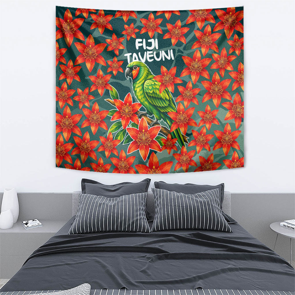 Fiji Taveuni Parrot Tapestry Tropical Waterfall Landscape With Floral Tribal Pattern TS04 - Polynesian Pride