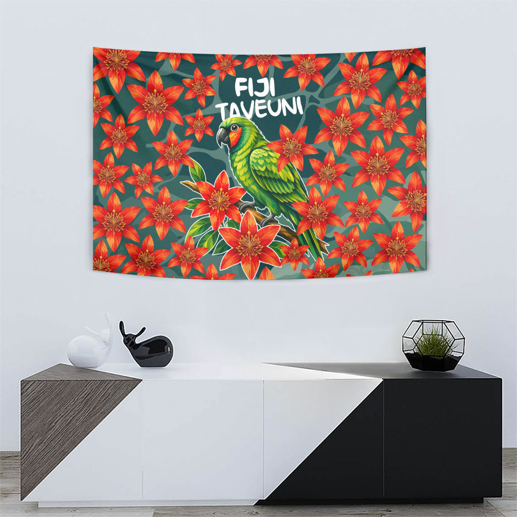 Fiji Taveuni Parrot Tapestry Tropical Waterfall Landscape With Floral Tribal Pattern TS04 - Polynesian Pride