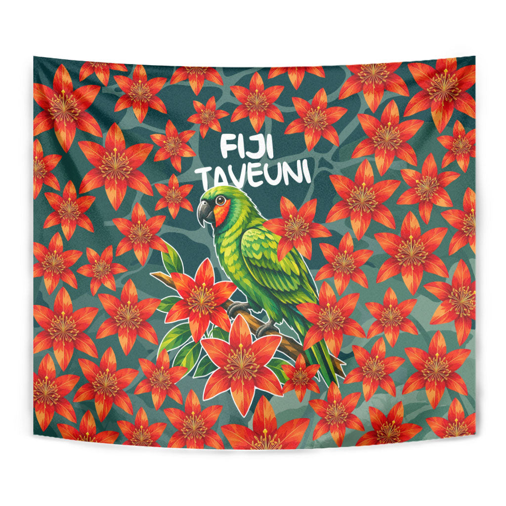 Fiji Taveuni Parrot Tapestry Tropical Waterfall Landscape With Floral Tribal Pattern TS04 - Polynesian Pride