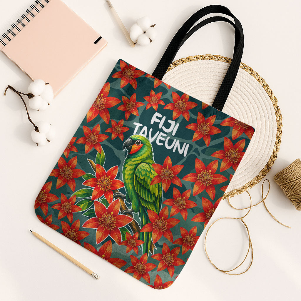 Fiji Taveuni Parrot Tote Bag Tropical Waterfall Landscape With Floral Tribal Pattern TS04 Black Strap One Size Green Orange - Polynesian Pride