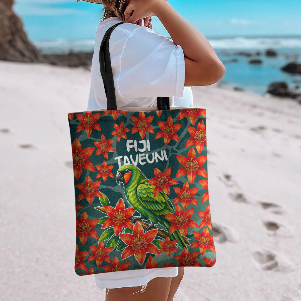 Fiji Taveuni Parrot Tote Bag Tropical Waterfall Landscape With Floral Tribal Pattern TS04 - Polynesian Pride