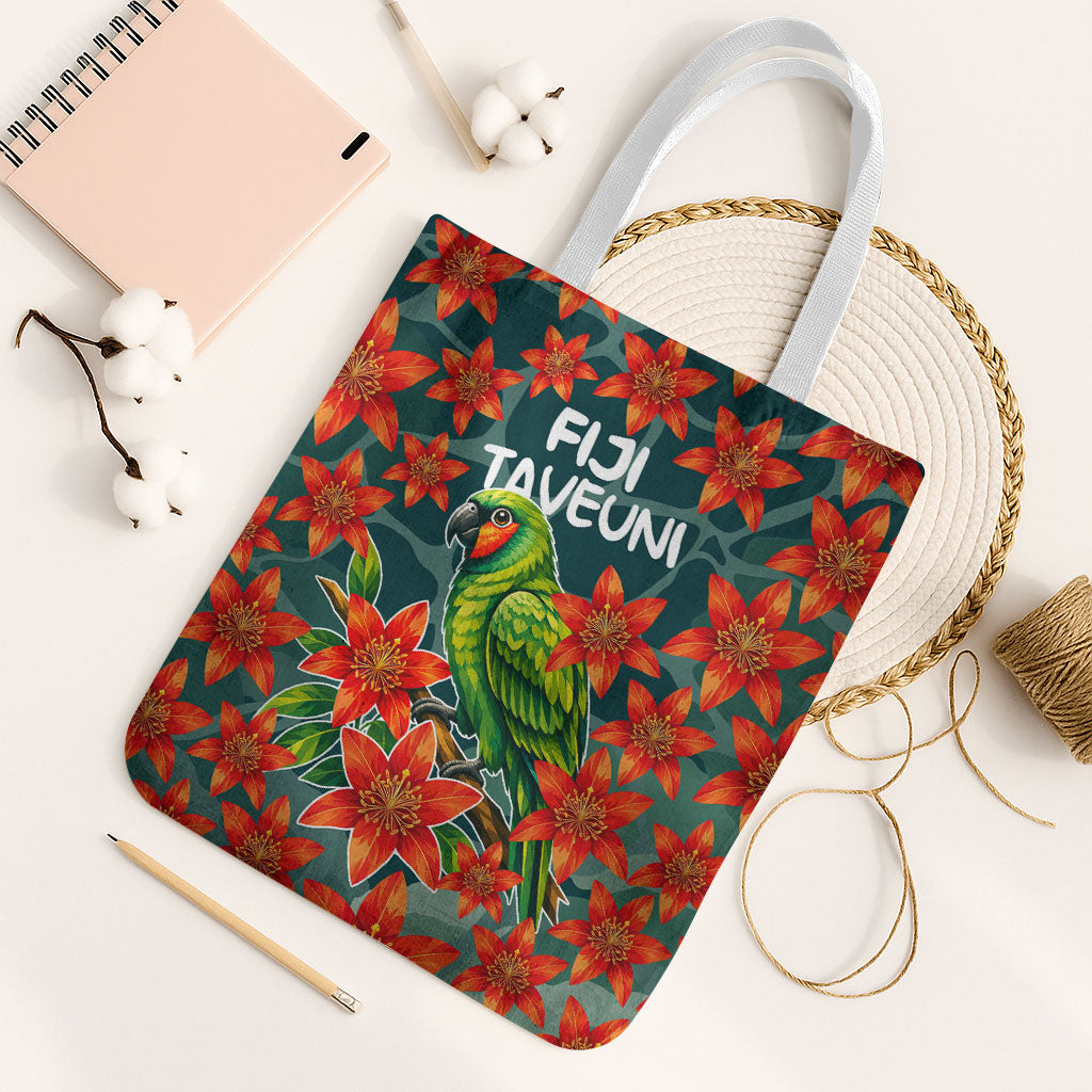 Fiji Taveuni Parrot Tote Bag Tropical Waterfall Landscape With Floral Tribal Pattern TS04 White Strap One Size Green Orange - Polynesian Pride
