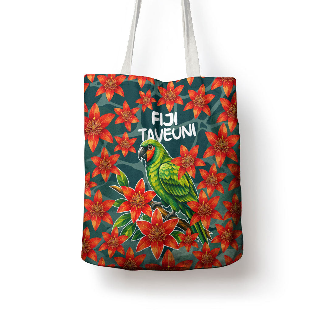 Fiji Taveuni Parrot Tote Bag Tropical Waterfall Landscape With Floral Tribal Pattern TS04 - Polynesian Pride