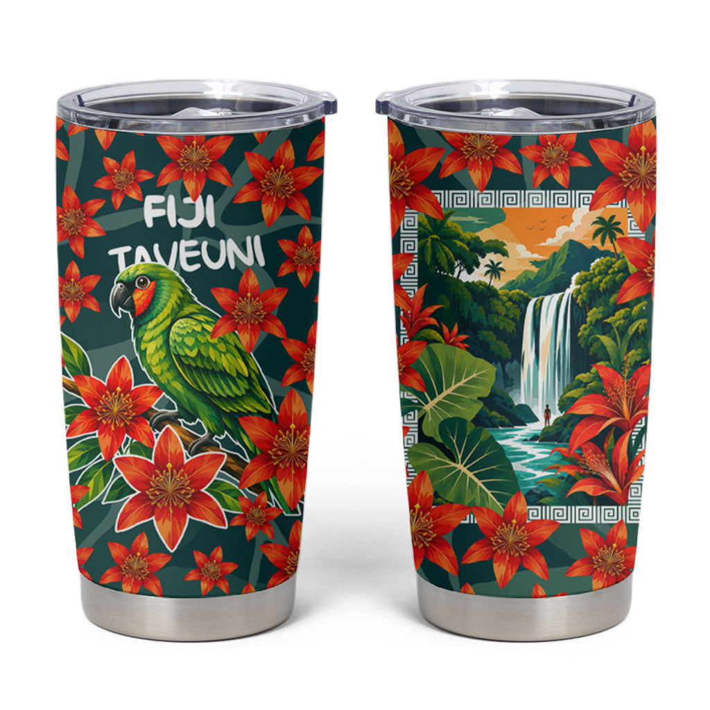 Fiji Taveuni Parrot Tumbler Cup Tropical Waterfall Landscape With Floral Tribal Pattern TS04 Green Orange - Polynesian Pride