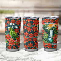 Fiji Taveuni Parrot Tumbler Cup Tropical Waterfall Landscape With Floral Tribal Pattern TS04 - Polynesian Pride