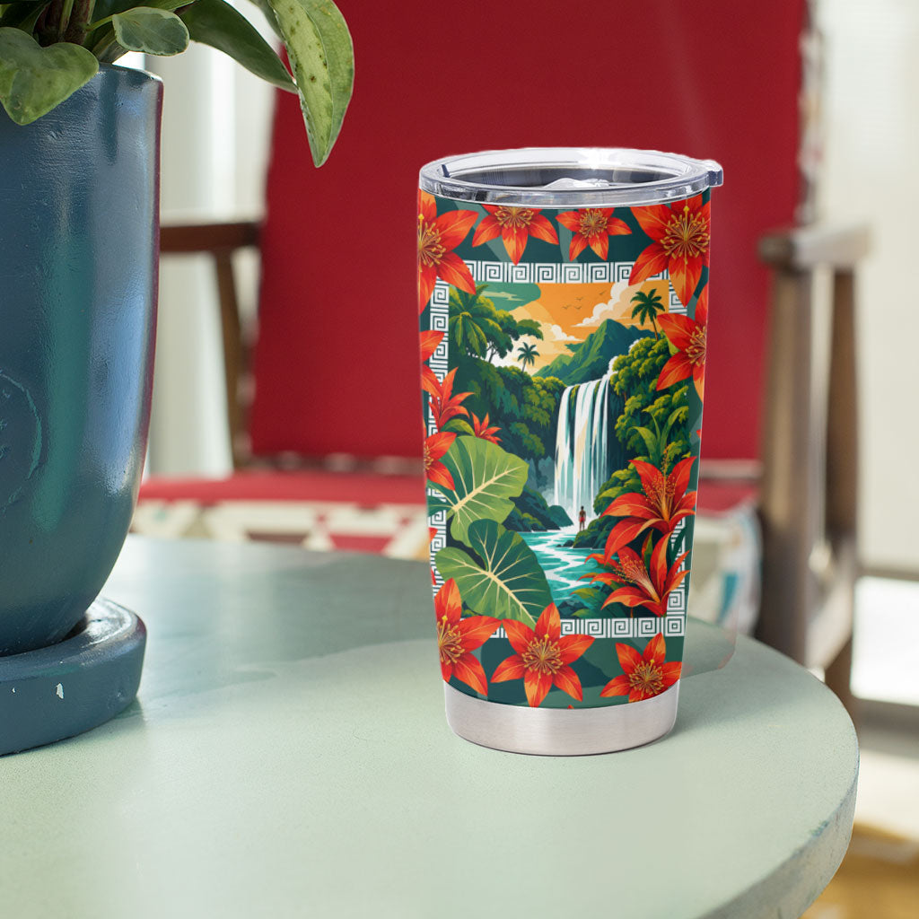 Fiji Taveuni Parrot Tumbler Cup Tropical Waterfall Landscape With Floral Tribal Pattern TS04 - Polynesian Pride