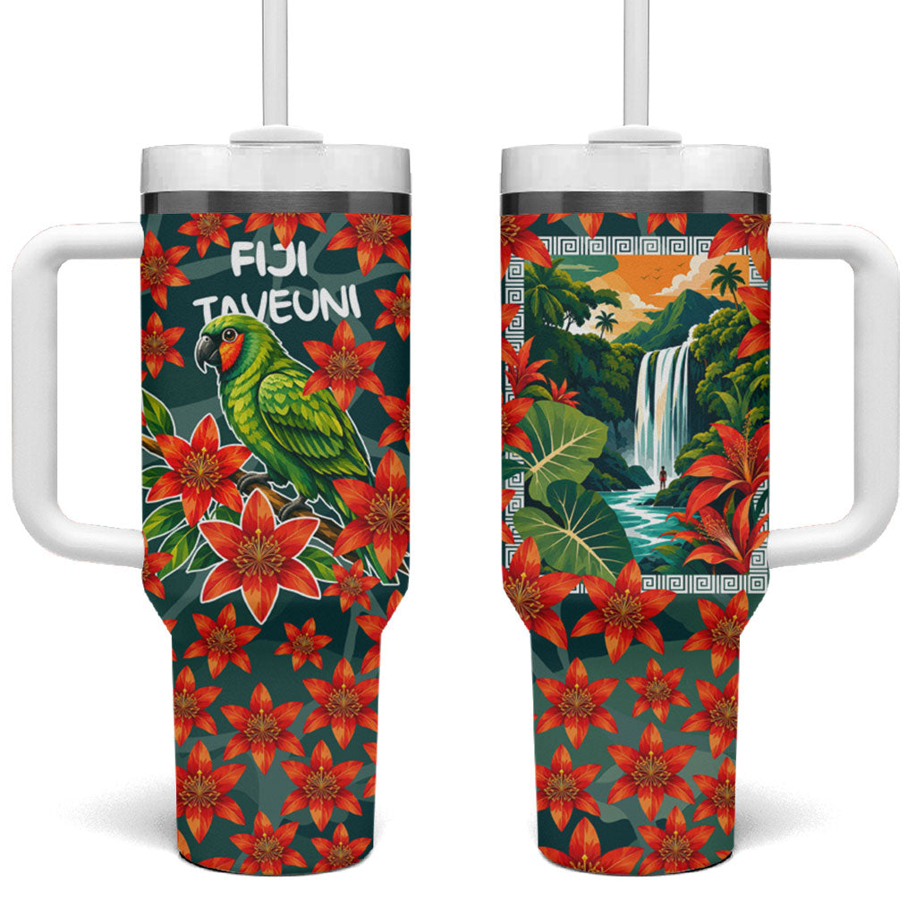 Fiji Taveuni Parrot Tumbler With Handle Tropical Waterfall Landscape With Floral Tribal Pattern TS04 One Size: 40 oz Green Orange - Polynesian Pride