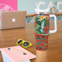 Fiji Taveuni Parrot Tumbler With Handle Tropical Waterfall Landscape With Floral Tribal Pattern TS04 - Polynesian Pride