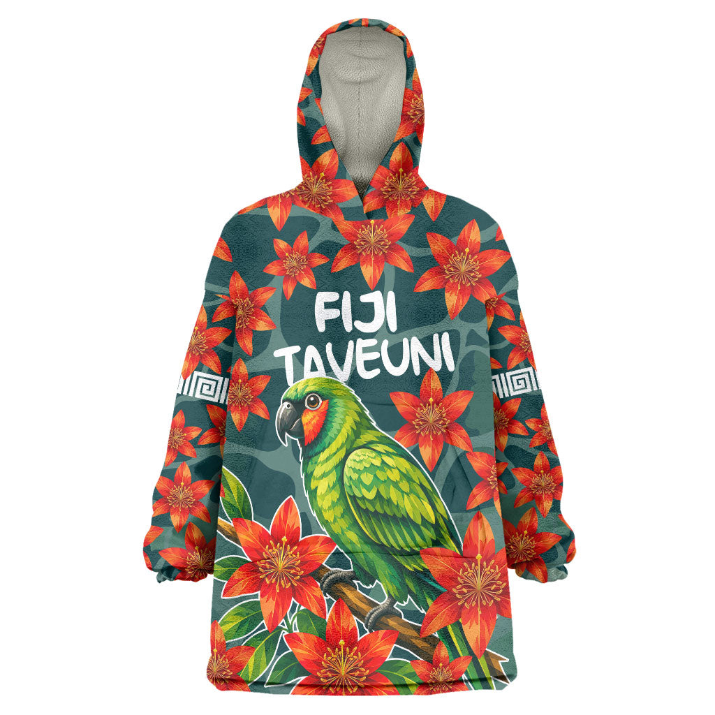 Fiji Taveuni Parrot Wearable Blanket Hoodie Tropical Waterfall Landscape With Floral Tribal Pattern TS04 One Size Green Orange - Polynesian Pride