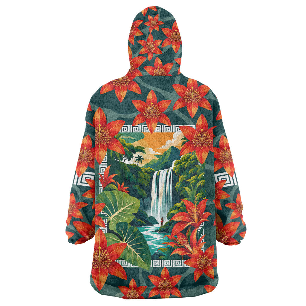 Fiji Taveuni Parrot Wearable Blanket Hoodie Tropical Waterfall Landscape With Floral Tribal Pattern TS04 - Polynesian Pride