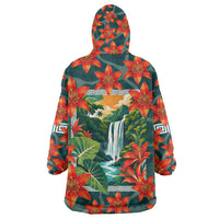 Fiji Taveuni Parrot Wearable Blanket Hoodie Tropical Waterfall Landscape With Floral Tribal Pattern TS04 - Polynesian Pride
